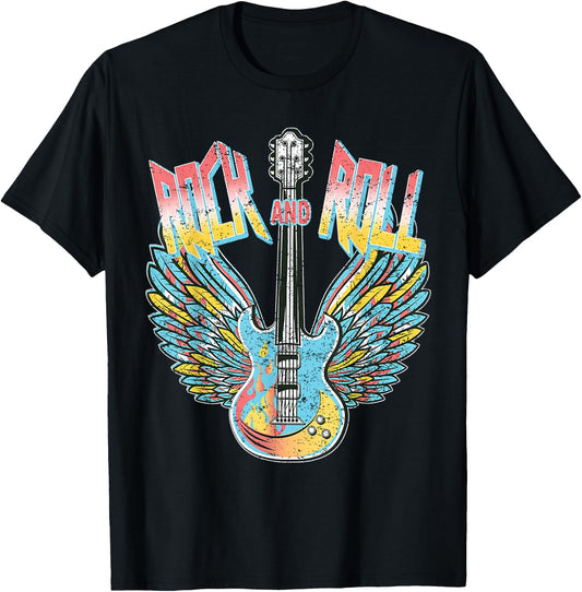 Vintage Retro 80s Rock & Roll Music Electric Guitar Wings T-Shirt - T-Shirt | Black