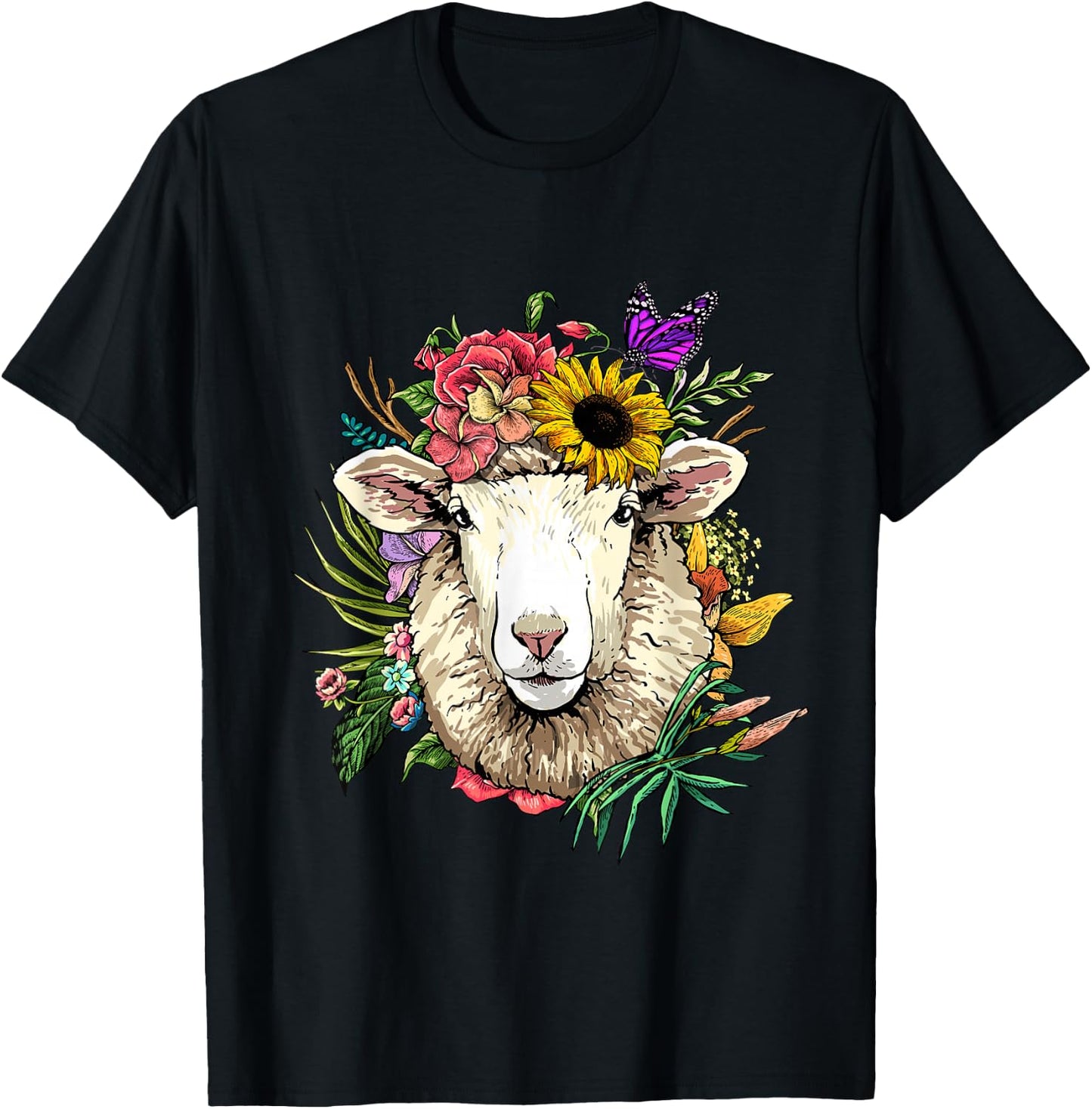 Floral Sheep Shirt Lamb Farm Animal Face Farmer Sheep Lover T-Shirt - T-Shirt | Black