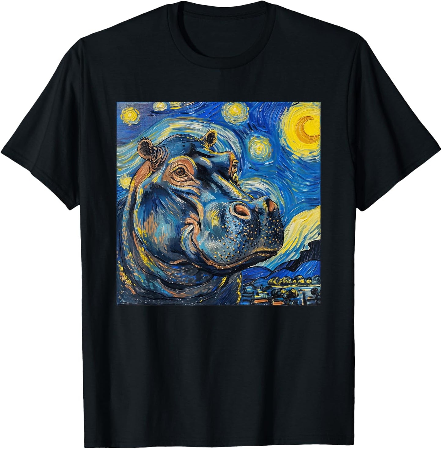 Hippopotamus Hippo Van Gogh Style Starry Night T-Shirt - T-Shirt | Black