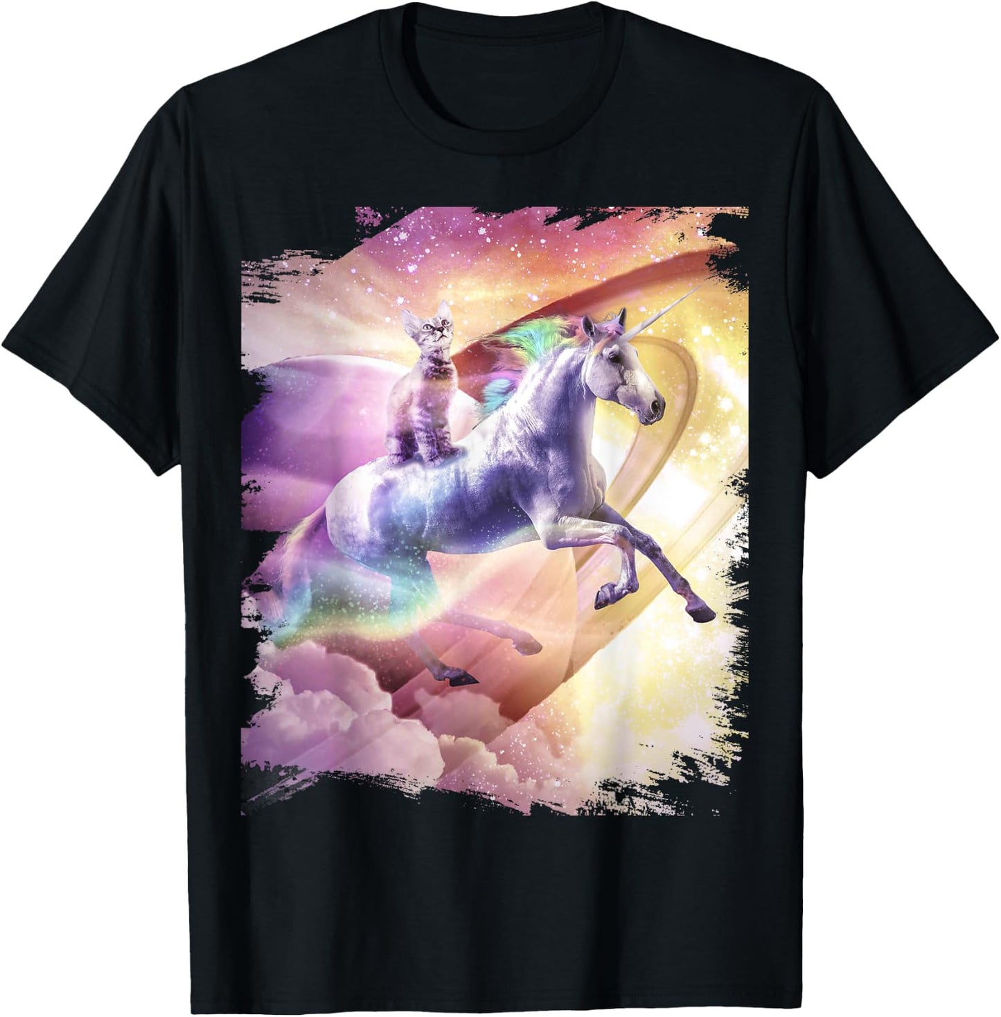Rainbow Galaxy Cat Riding Unicorn in Space Women Girls Kids T-Shirt - T-Shirt | Black