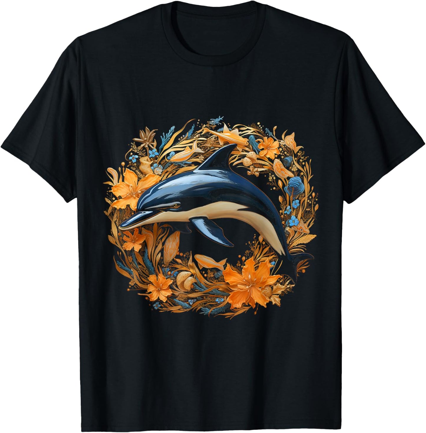 Dolphin Flowers Art Animal Sculpture Graphic Dolphin T-Shirt - T-Shirt | Black
