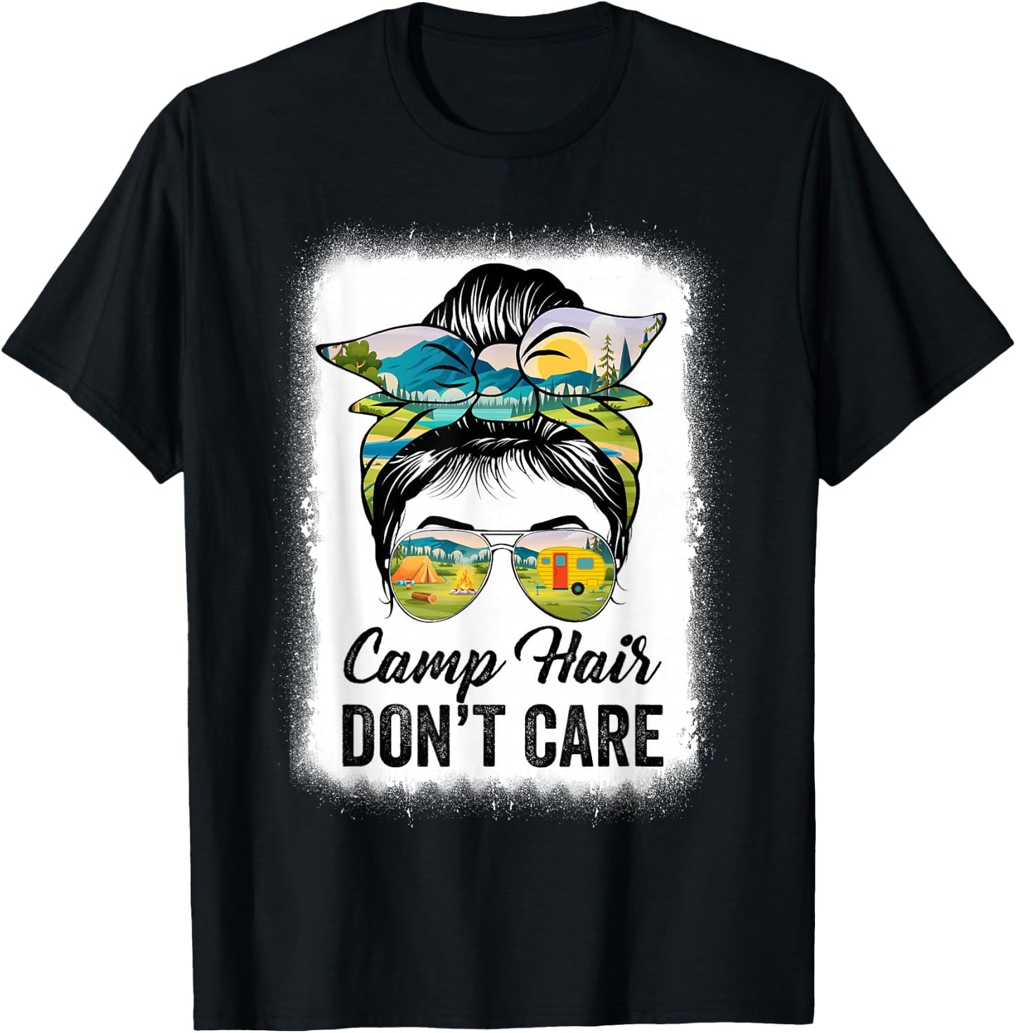 Camp Hair Don't Care Camper Camping Messy Bun Hair T-Shirt - T-Shirt | Black