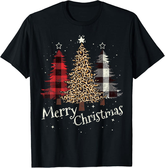 Merry Christmas Gift Three Xmas Trees Buffalo Plaid Woman T-Shirt - T-Shirt | Black