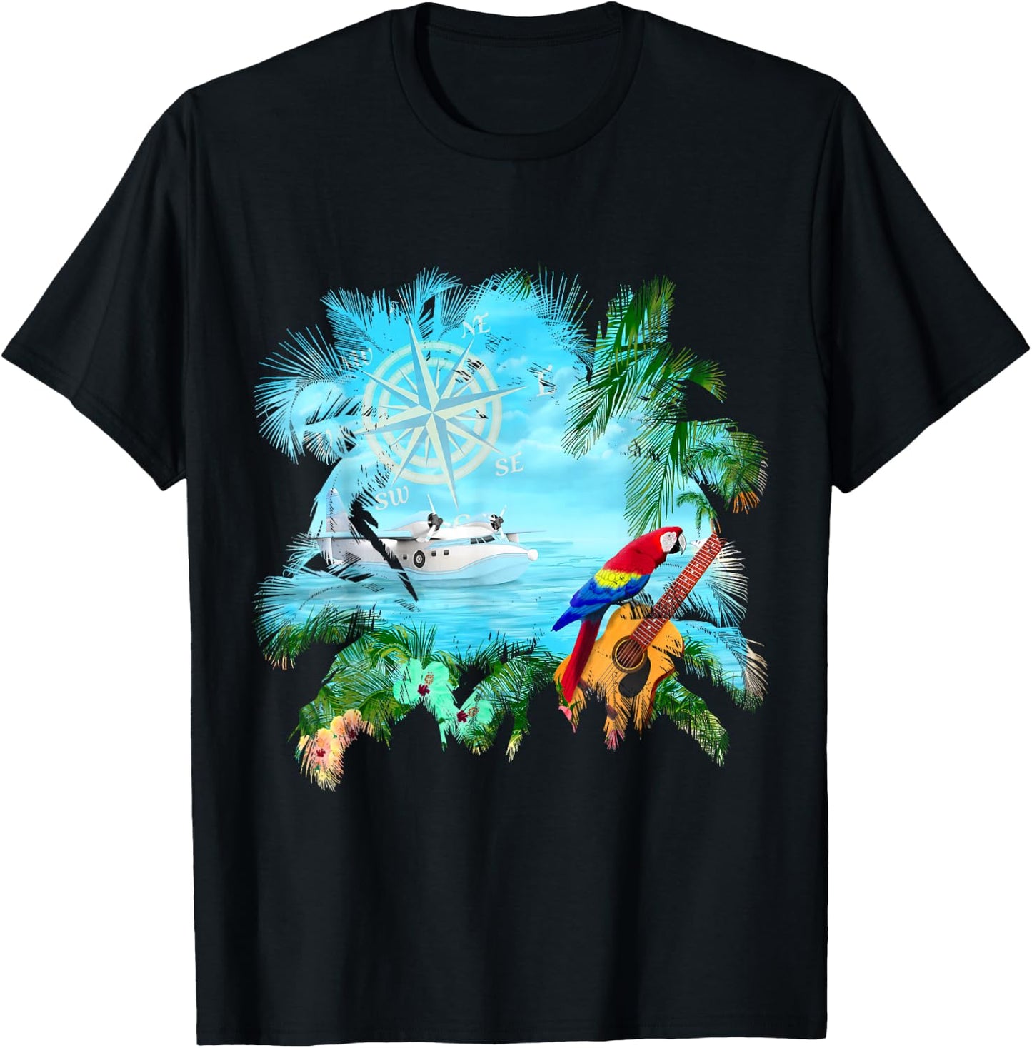 Beachside Dream Seaplane, Parrot, and Guitar T-Shirt - T-Shirt | Black