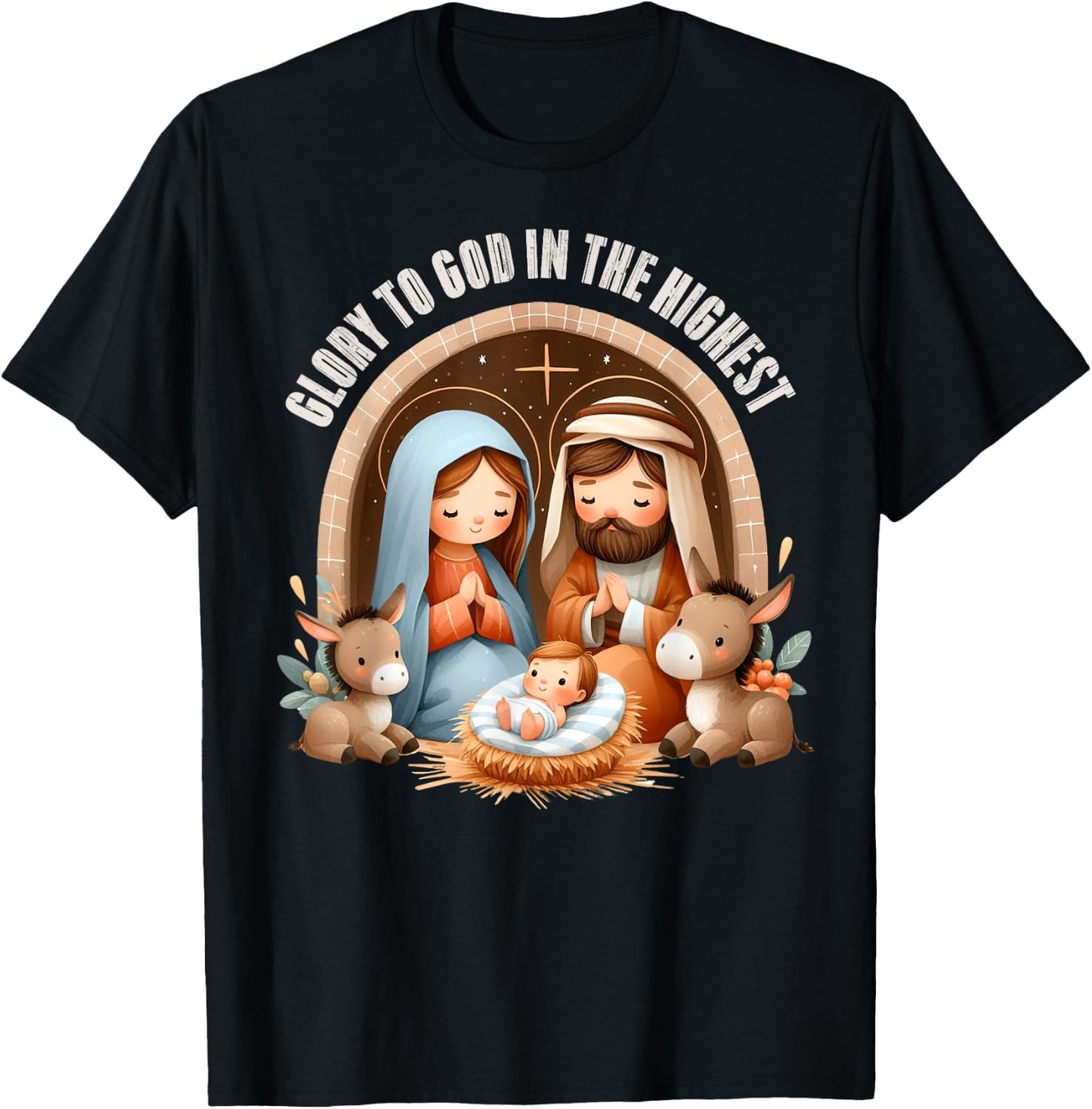 Nativity Scene Glory to God in the Highest Boho Christmas T-Shirt - T-Shirt | Black