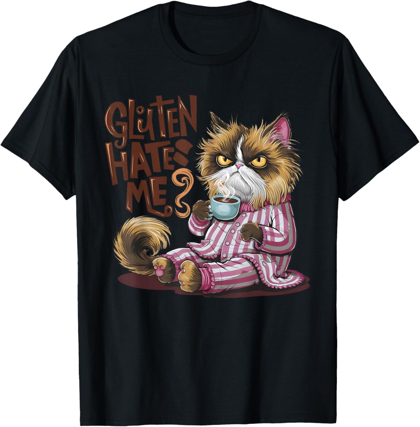 Gluten Hates Me Cat Drinking Coffee T-Shirt - T-Shirt | Black