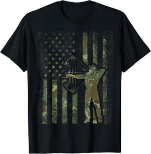 Camo American Flag Buck Hunting Gift Bow Hunter Women Men T-Shirt - T-Shirt | Black