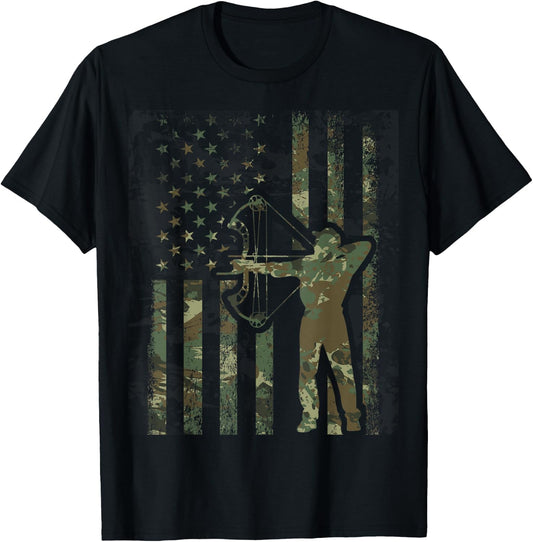 Camo American Flag Buck Hunting Gift Bow Hunter Women Men T-Shirt - T-Shirt | Black