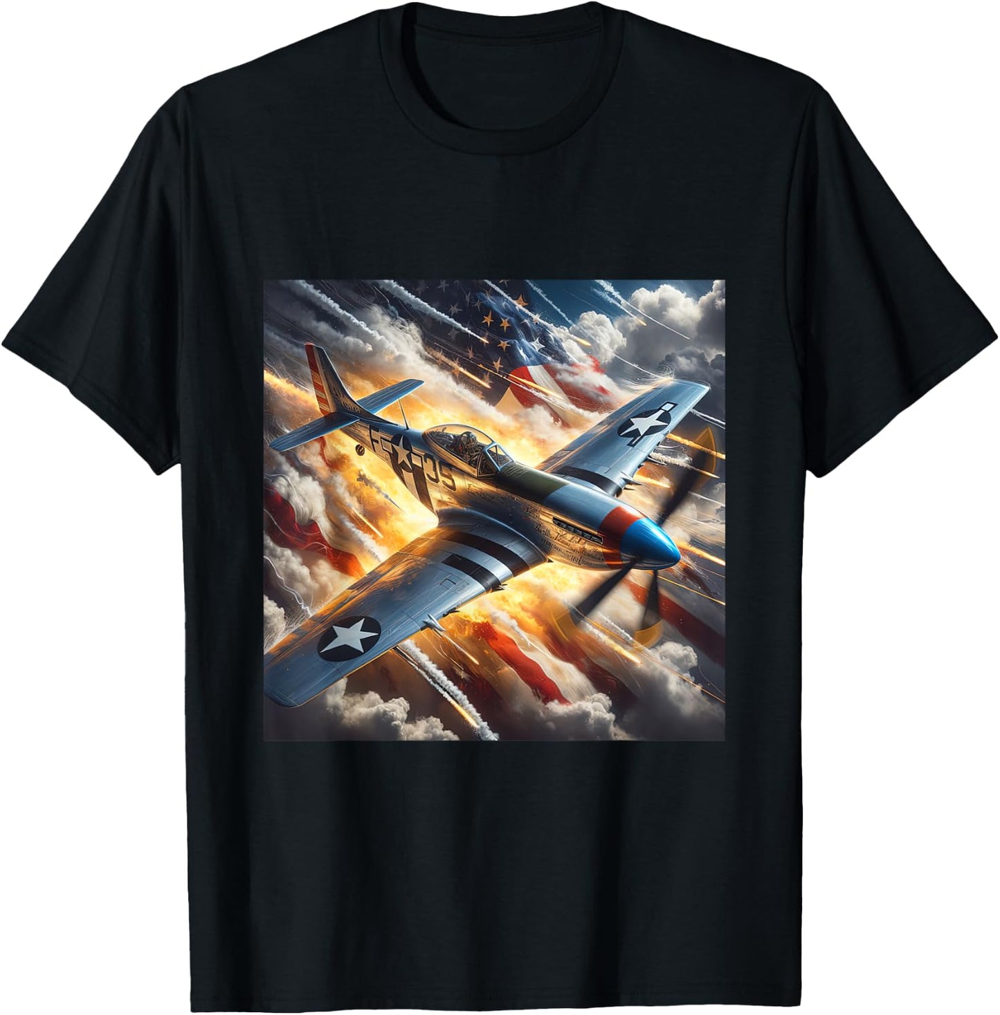 WWII Warbirds | P-51 Mustang in Dynamic Sky US Flag T-Shirt - T-Shirt | Black