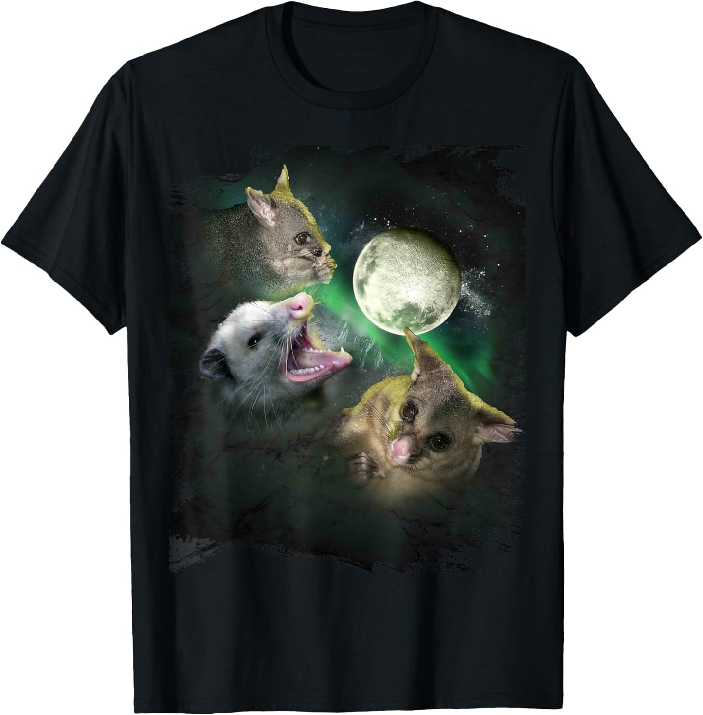 3 Three Possum Opossum Moon, Wolf Howling T-Shirt - T-Shirt | Black