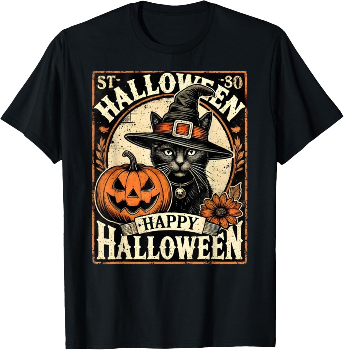 Vintage Halloween Shirt Black Cat With Witches Hat Women Kids T-Shirt - T-Shirt | Black