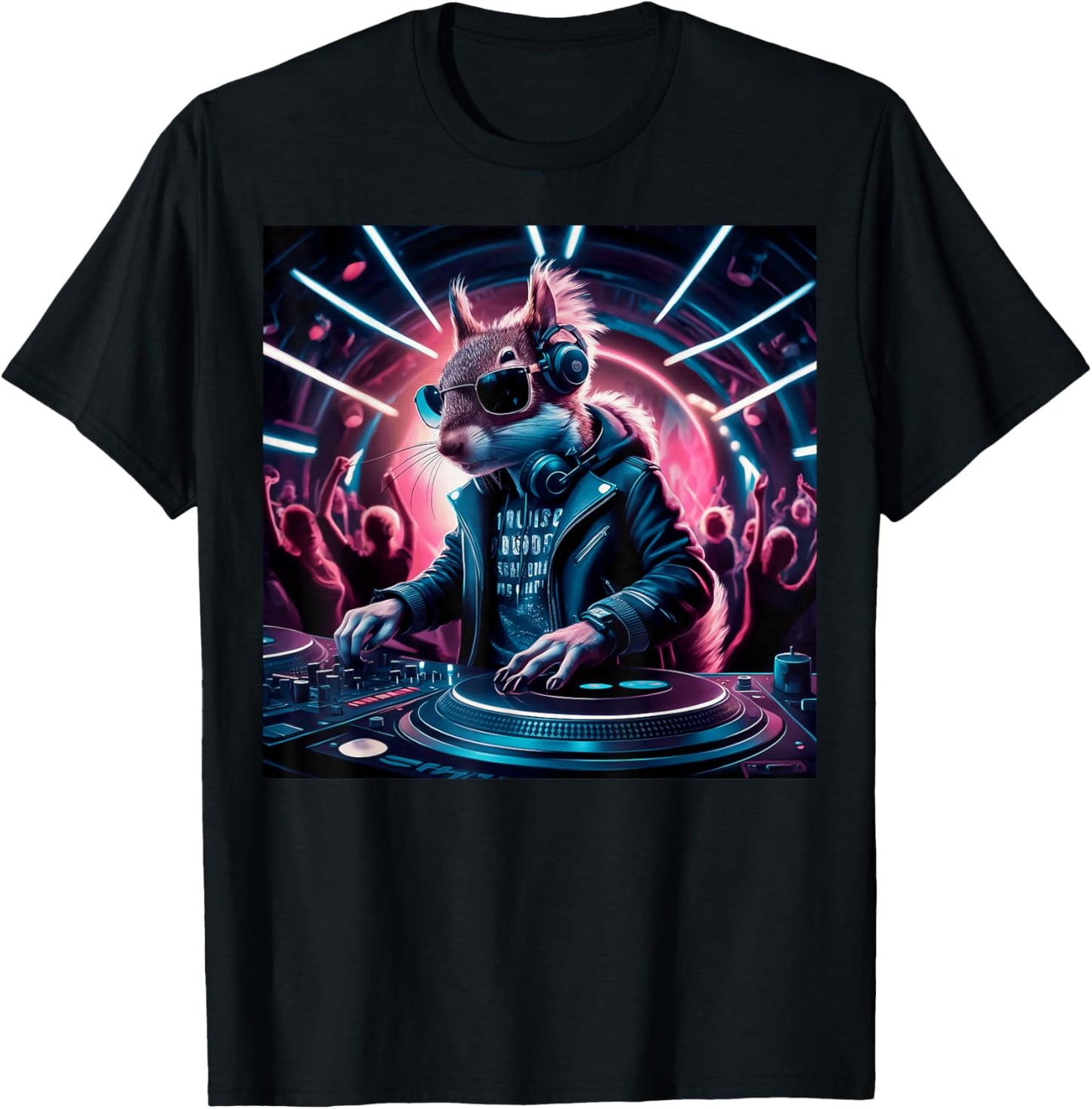 The Beat Never Stops Dj Squirrel In Leather Jacket Edm Art T-Shirt - T-Shirt | Black