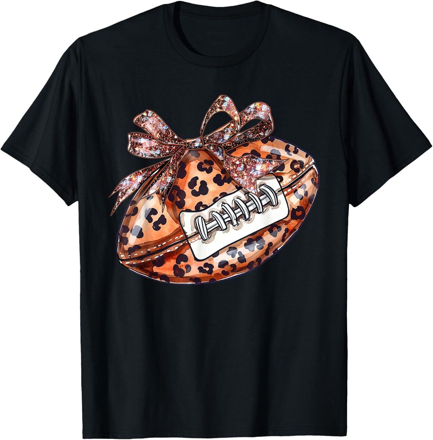Leopard Cheetah Pattern Print Football with Ribbon Bow Tie T-Shirt - T-Shirt | Black