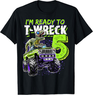 Ready to T-Wreck 5 Dinosaur Monster Truck 5th Birthday Boys T-Shirt - T-Shirt | Black