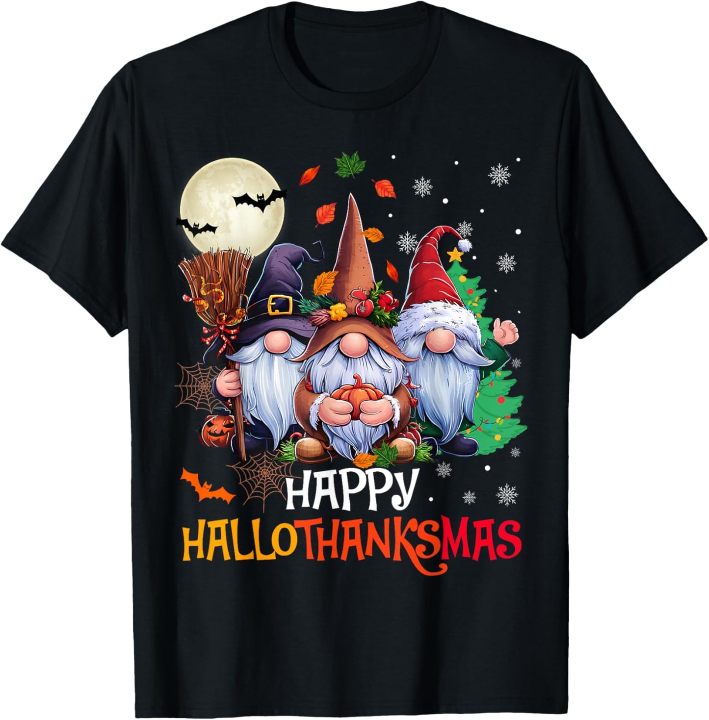 Happy Hallothanksmas Gnomes Lover Halloween Merry Christmas T-Shirt - T-Shirt | Black