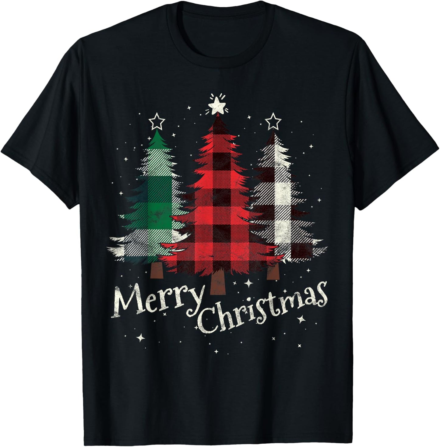 Merry Christmas Three Xmas Trees Buffalo Plaid Woman Gift T-Shirt - T-Shirt | Black
