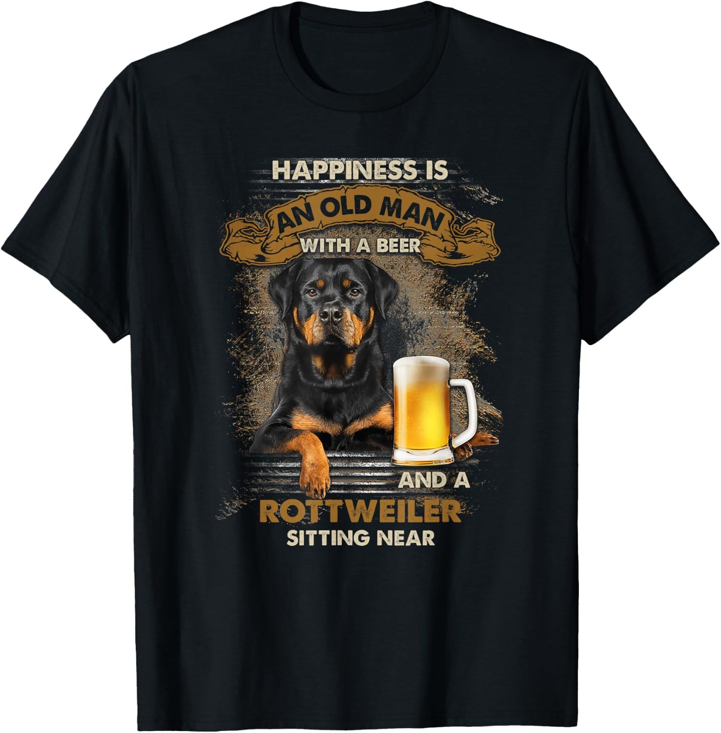 Happiness is an old man with a beer and a rottweiler T-Shirt - T-Shirt | Black