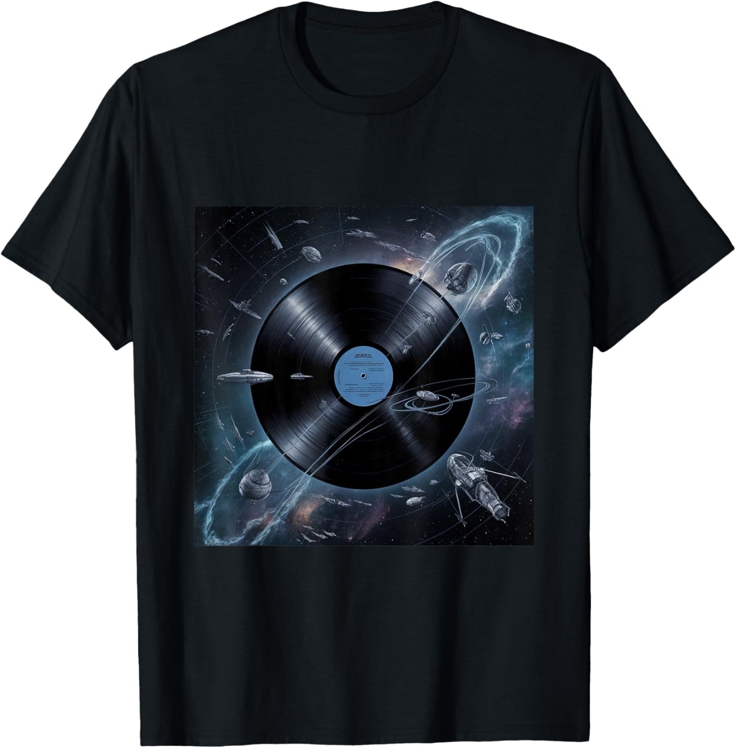Vinyl Record Planet with Orbiting Satellites Spaceships T-Shirt - T-Shirt | Black