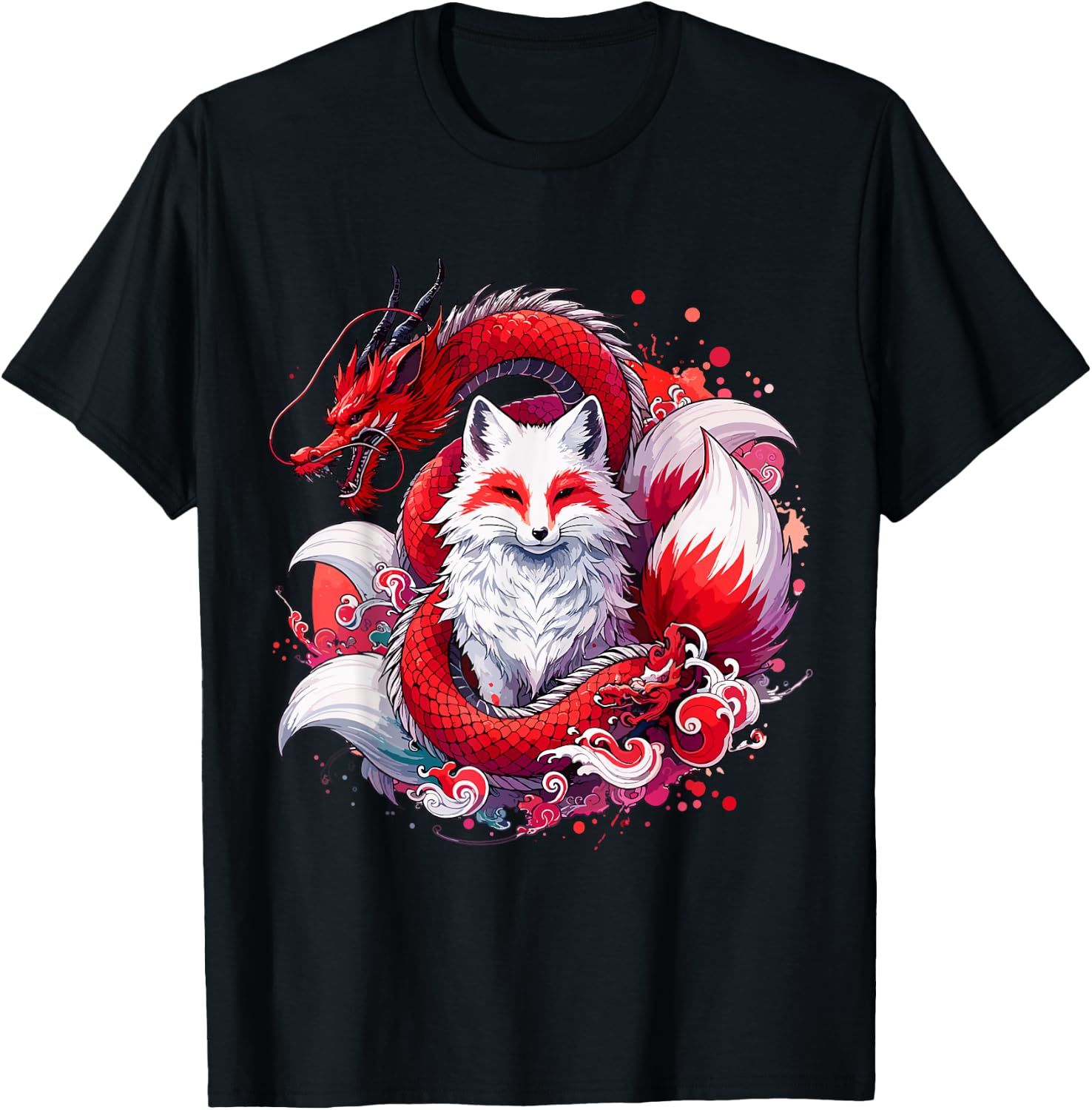 Nine-tailed Fox Kitsune Dragon Japanese T-Shirt - T-Shirt | Black