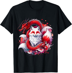 Nine-tailed Fox Kitsune Dragon Japanese T-Shirt - T-Shirt | Black