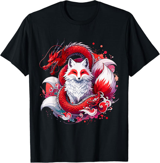 Nine-tailed Fox Kitsune Dragon Japanese T-Shirt - T-Shirt | Black