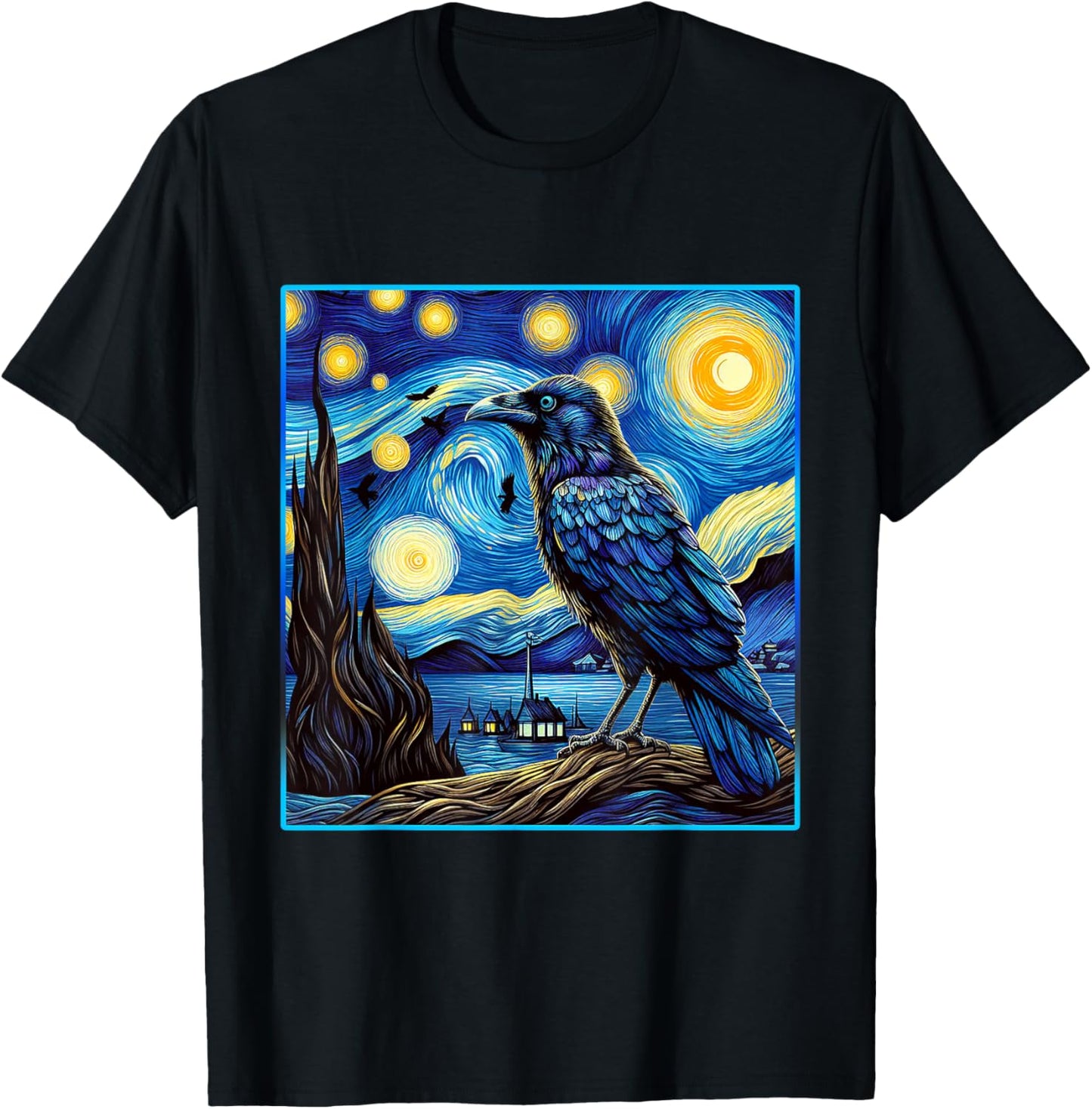 Raven Starry Night Shirt Van Gogh Painting Black Crow Lover T-Shirt - T-Shirt | Black