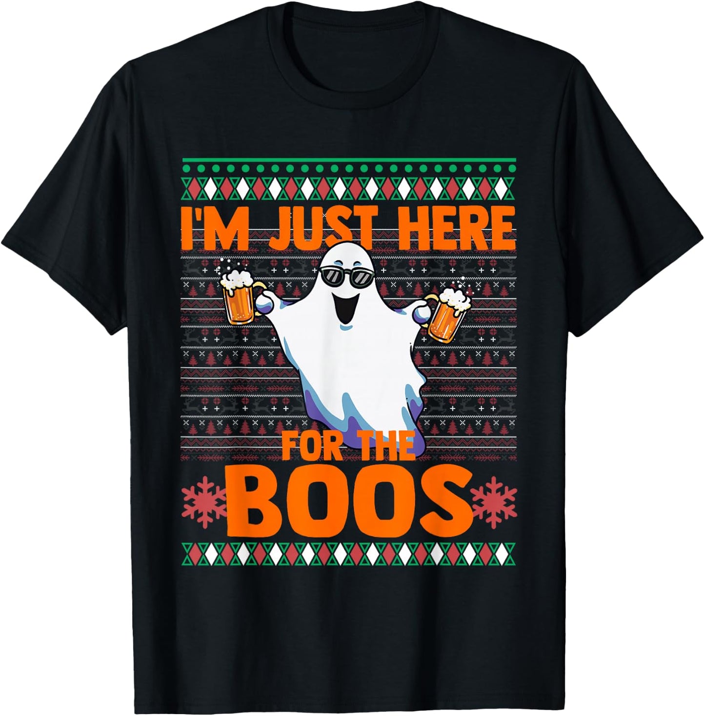 Funny Halloween Ghost Here For The Booze Joke Ugly Sweater T-Shirt - T-Shirt | Black