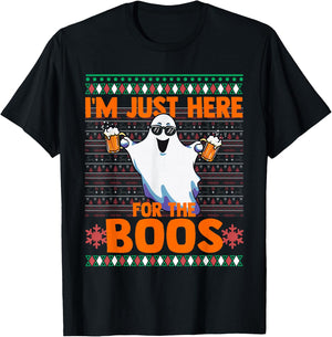 Funny Halloween Ghost Here For The Booze Joke Ugly Sweater T-Shirt - T-Shirt | Black