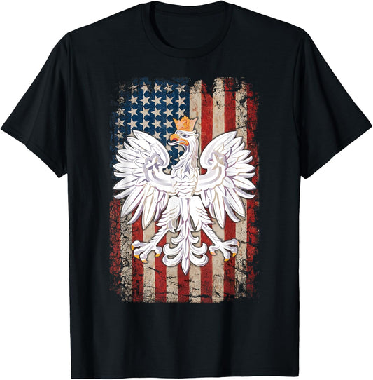 Polish Eagle American Flag Pride Poland T-Shirt - T-Shirt | Black