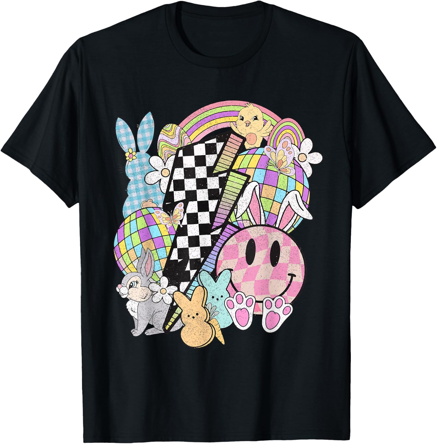 Retro Groovy Happy Easter Bunny Smile Face For Girls T-Shirt - T-Shirt | Black