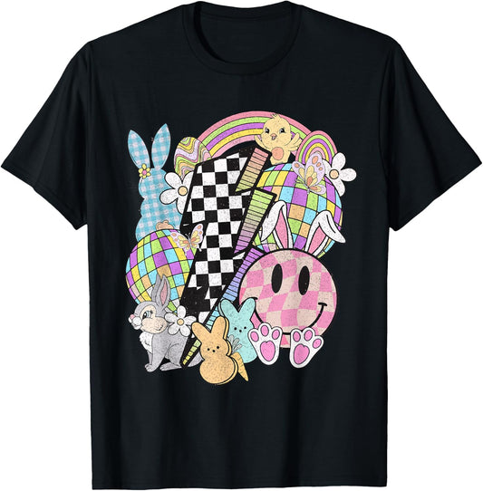 Retro Groovy Happy Easter Bunny Smile Face For Girls T-Shirt - T-Shirt | Black