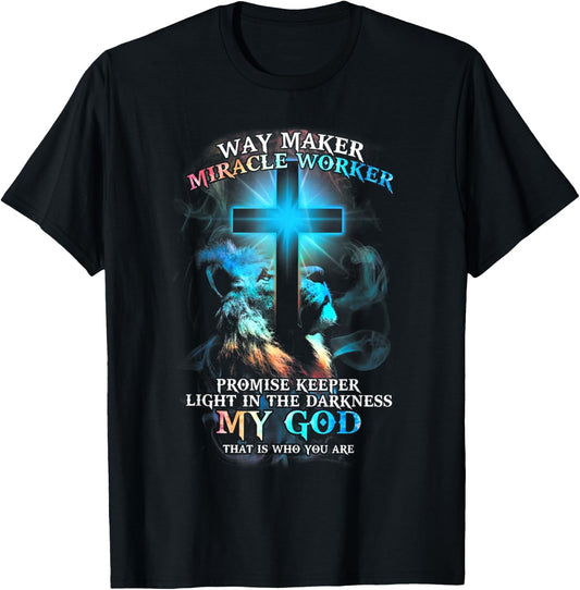 Lion Cross Light Colorful Waymaker Miracle Worker T-Shirt - T-Shirt | Black