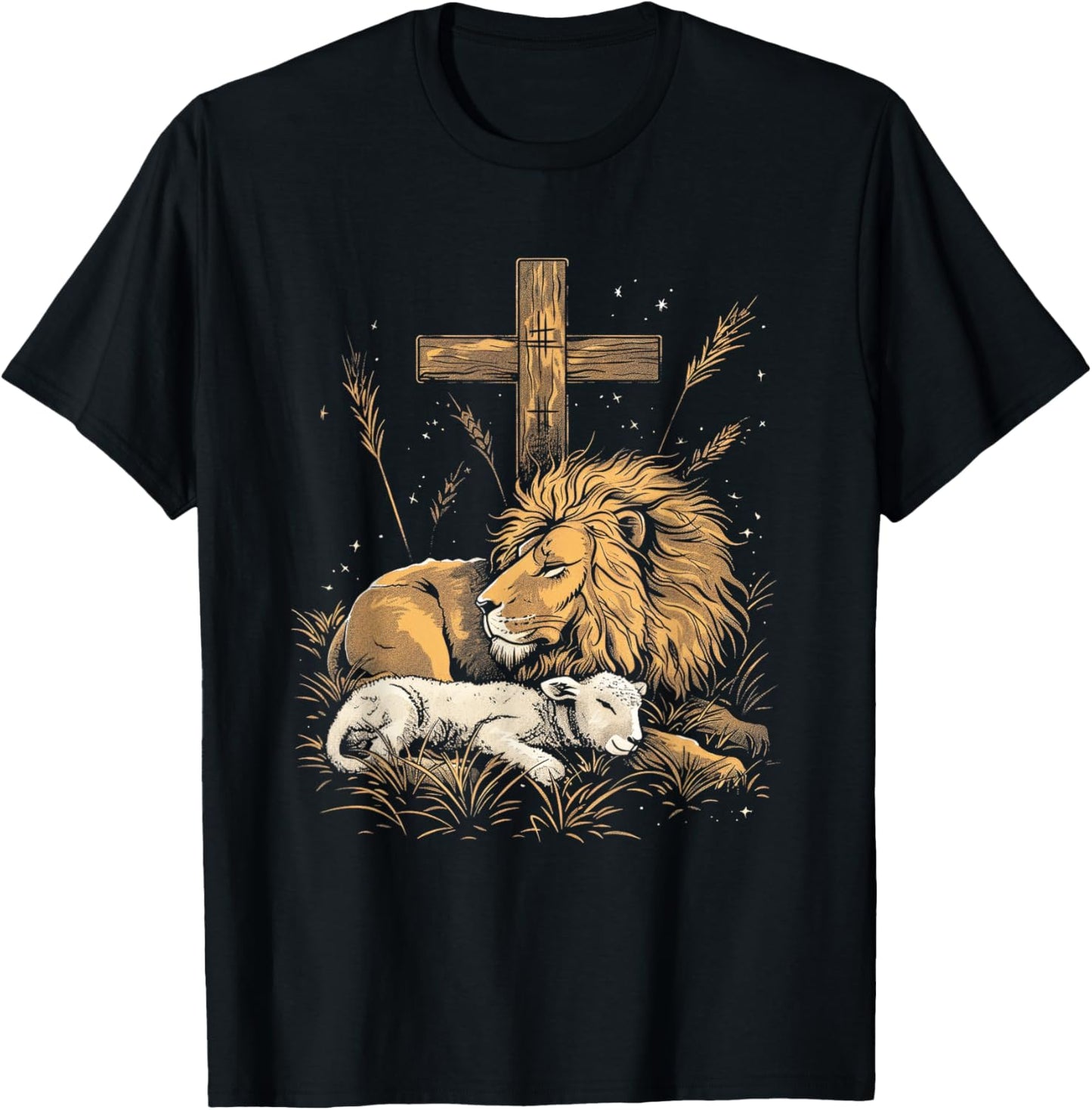 Religious Art Faith Spiritual Symbol Biblical Christianity Lion Lamb Christian Cross T-Shirt - T-Shirt | Black