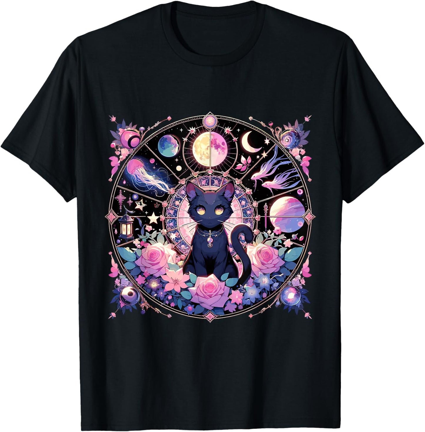 Moon Phases Crystal Witchy Cute Black Cat Kawaii Pastel Goth T-Shirt - T-Shirt | Black