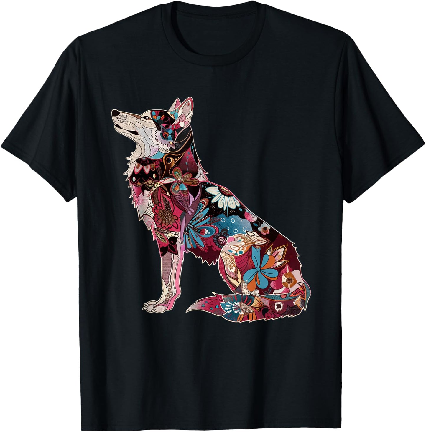 Wolf Vintage Flowers Floral Wolf Lover T-Shirt - T-Shirt | Black