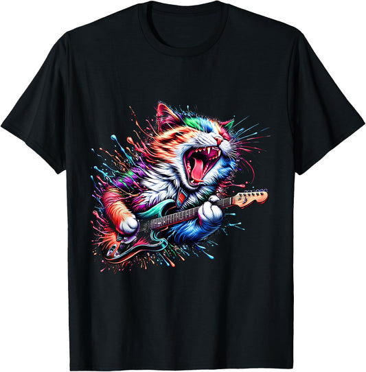 Kitty Cat Playing Guitar Rock Cat Heavy Metal Cat Music Cat T-Shirt - T-Shirt | Black