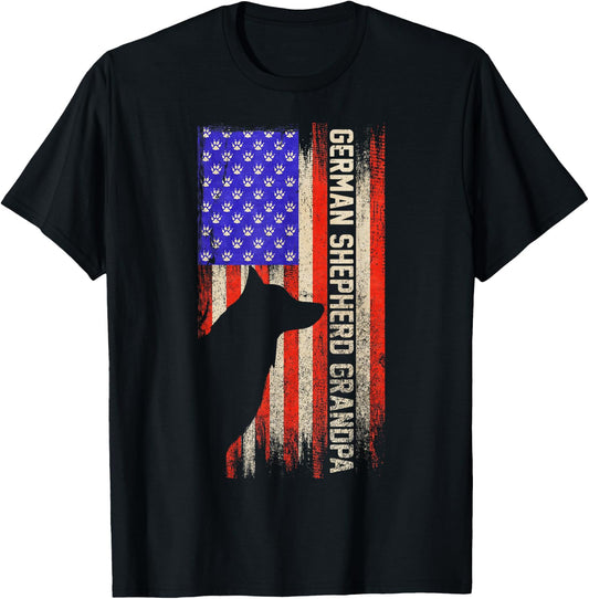 Vintage USA Flag Proud German Shepherd Grandpa Silhouette T-Shirt - T-Shirt | Black