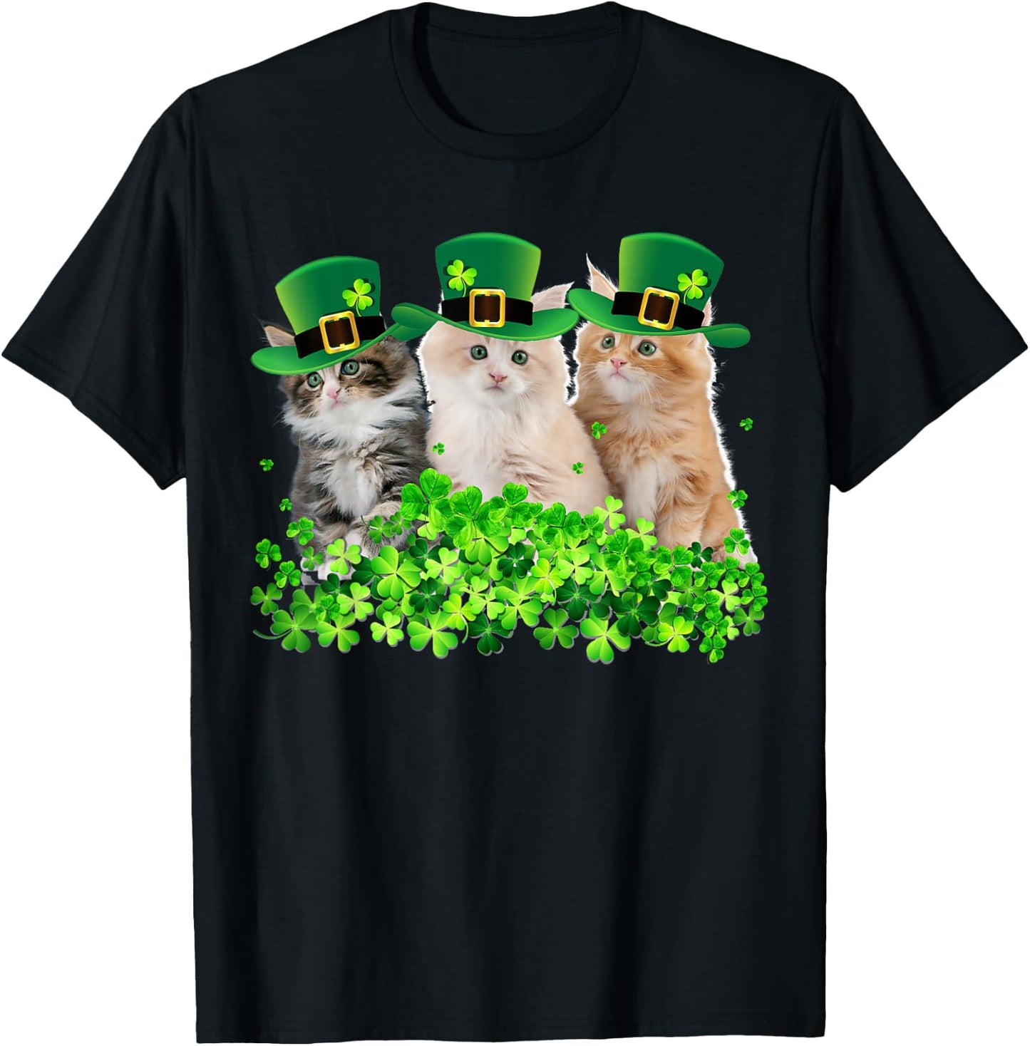 Three Cat St Patricks Day Kitty Kitten Lover Irish T-Shirt - T-Shirt | Black