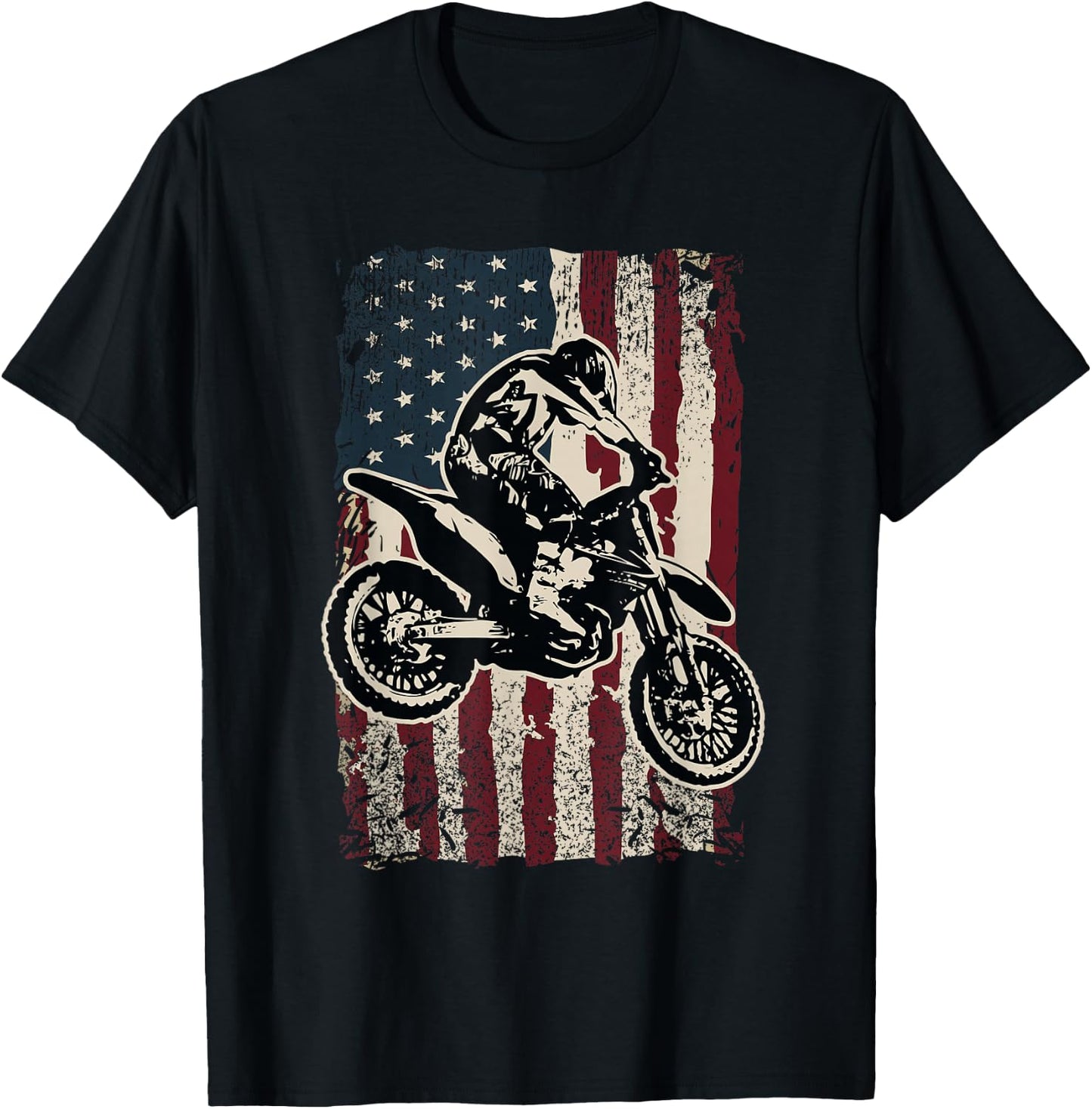 Motocross Dirt Bike Patriotic American Flag Biker Gift T-Shirt - T-Shirt | Black