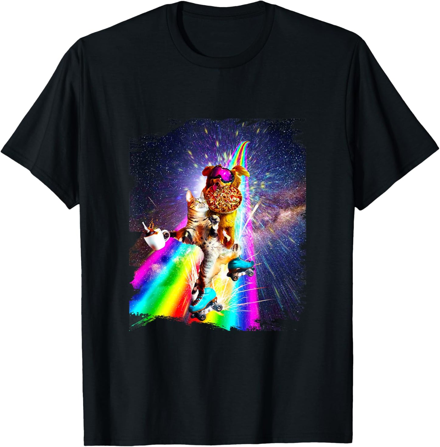 Dog Cat On Roller Skates With Pizza Coffee T-Shirt - T-Shirt | Black