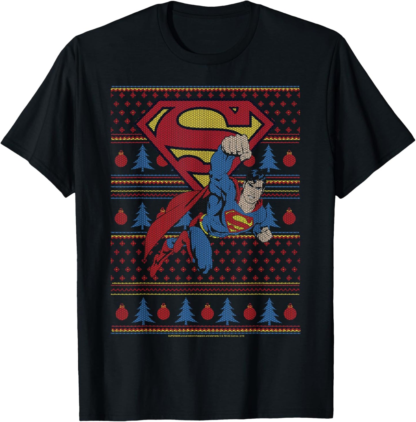 DC Comics Superman Action Pose Christmas Sweater Style T-Shirt - T-Shirt | Black