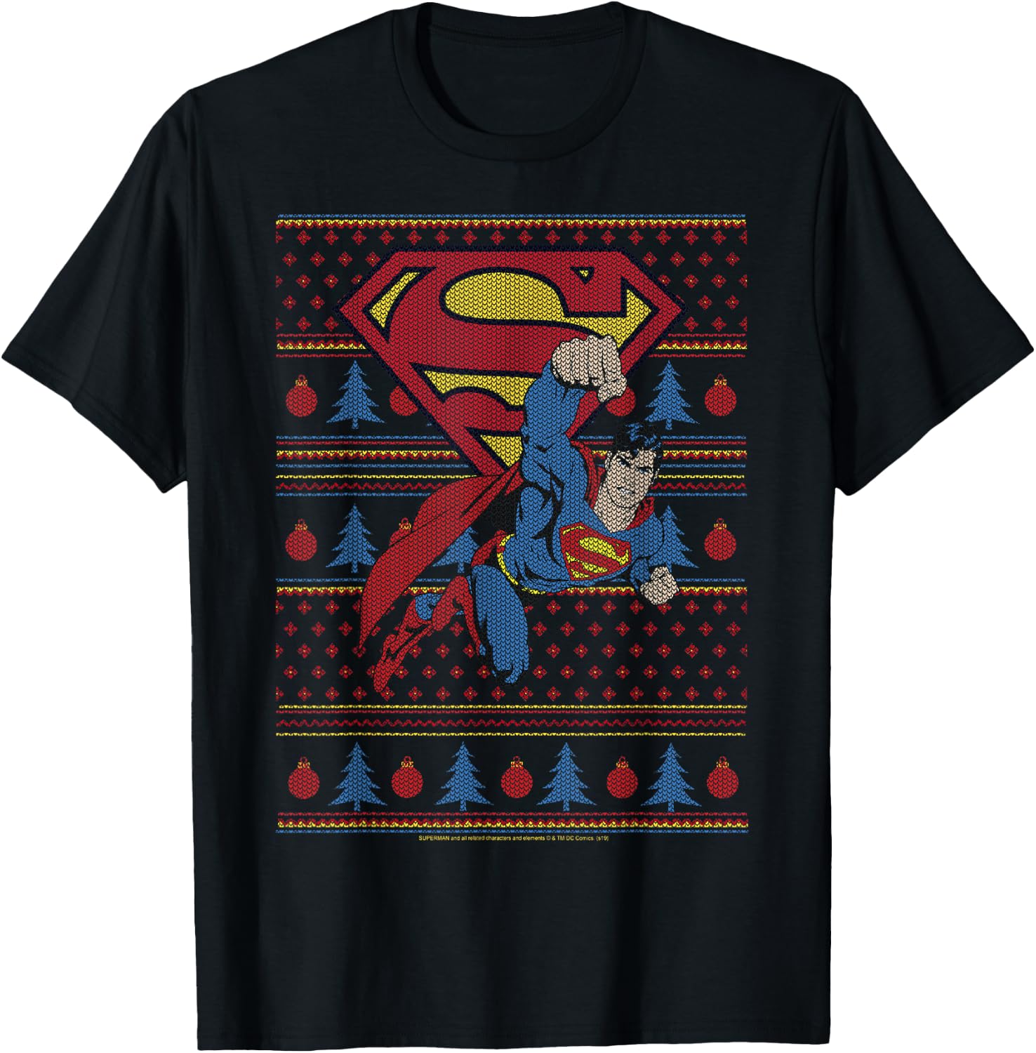 DC Comics Superman Action Pose Christmas Sweater Style T-Shirt - T-Shirt | Black