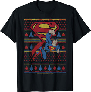 DC Comics Superman Action Pose Christmas Sweater Style T-Shirt - T-Shirt | Black
