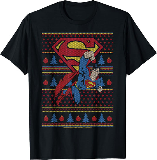 DC Comics Superman Action Pose Christmas Sweater Style T-Shirt - T-Shirt | Black