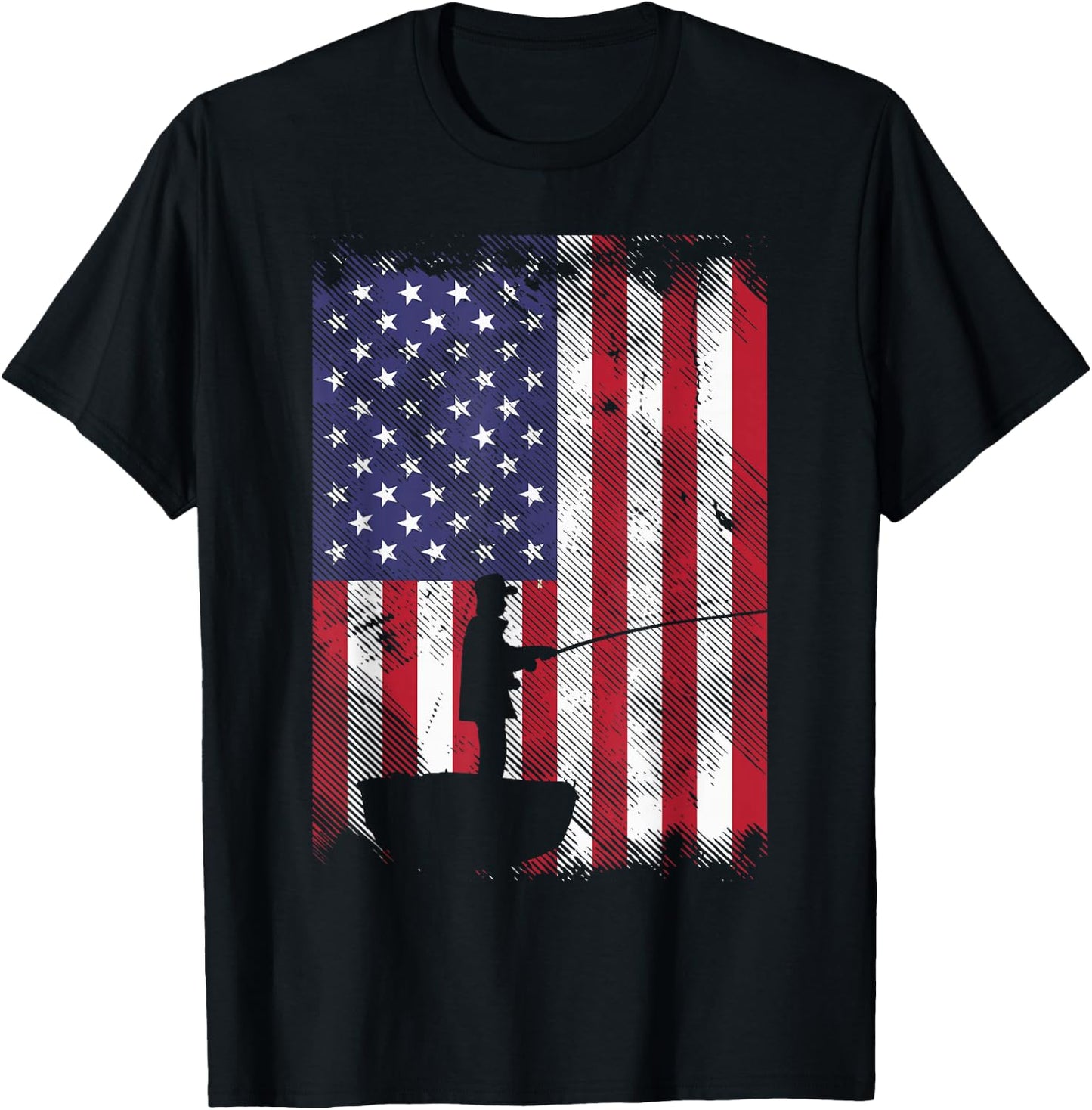 America Flag Fisherman Vintage Fishing Patriotic Angler Gift T-Shirt - T-Shirt | Black