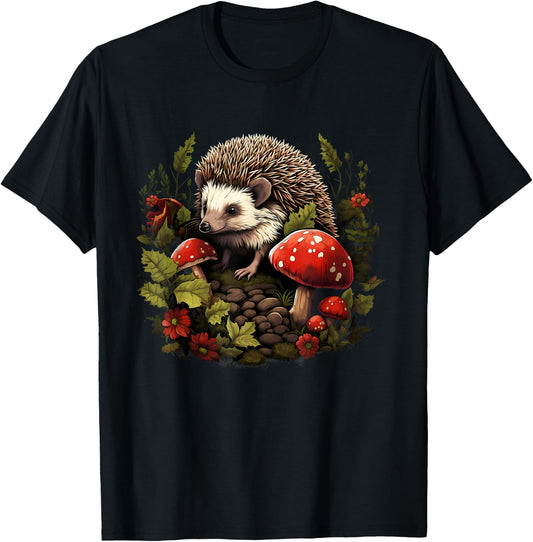 Hedgehog Landscape Animal Art Forest Wildlife Floral Artwork T-Shirt - T-Shirt | Black