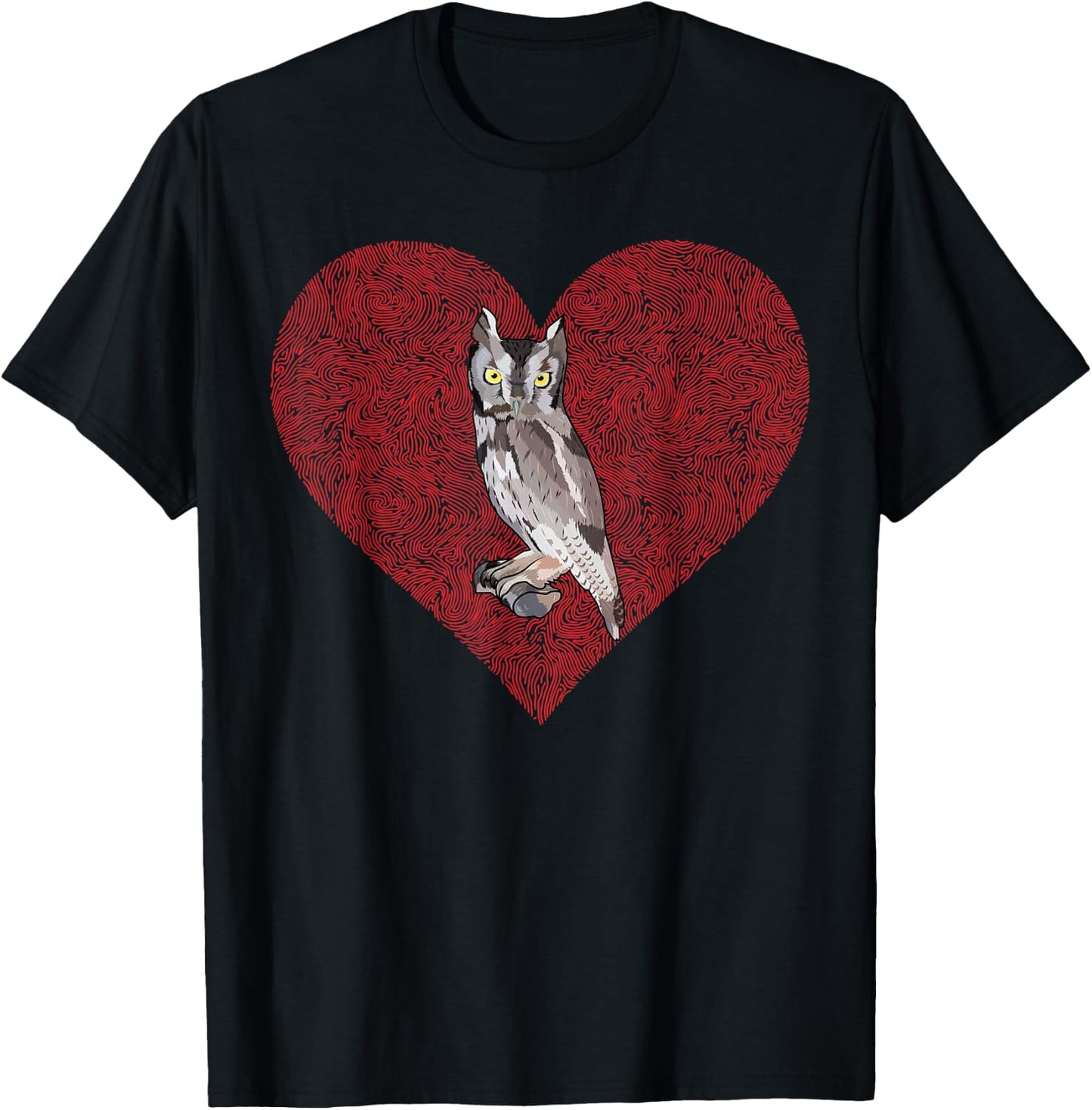 Western Screech-Owl Valentines Day Bird Love Fingerprint T-Shirt - T-Shirt | Black