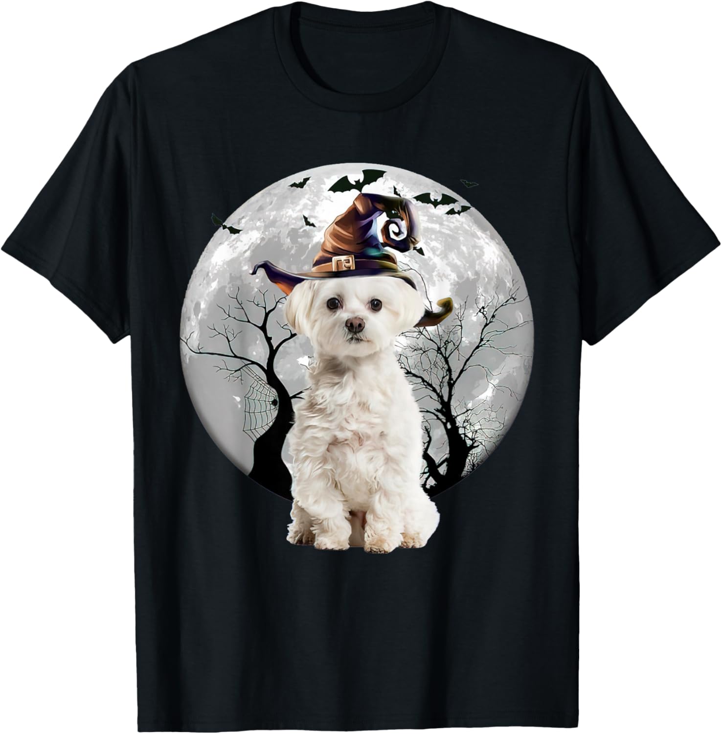 Maltese Dog And Moon Halloween Costume Dog Lover Funny T-Shirt - T-Shirt | Black