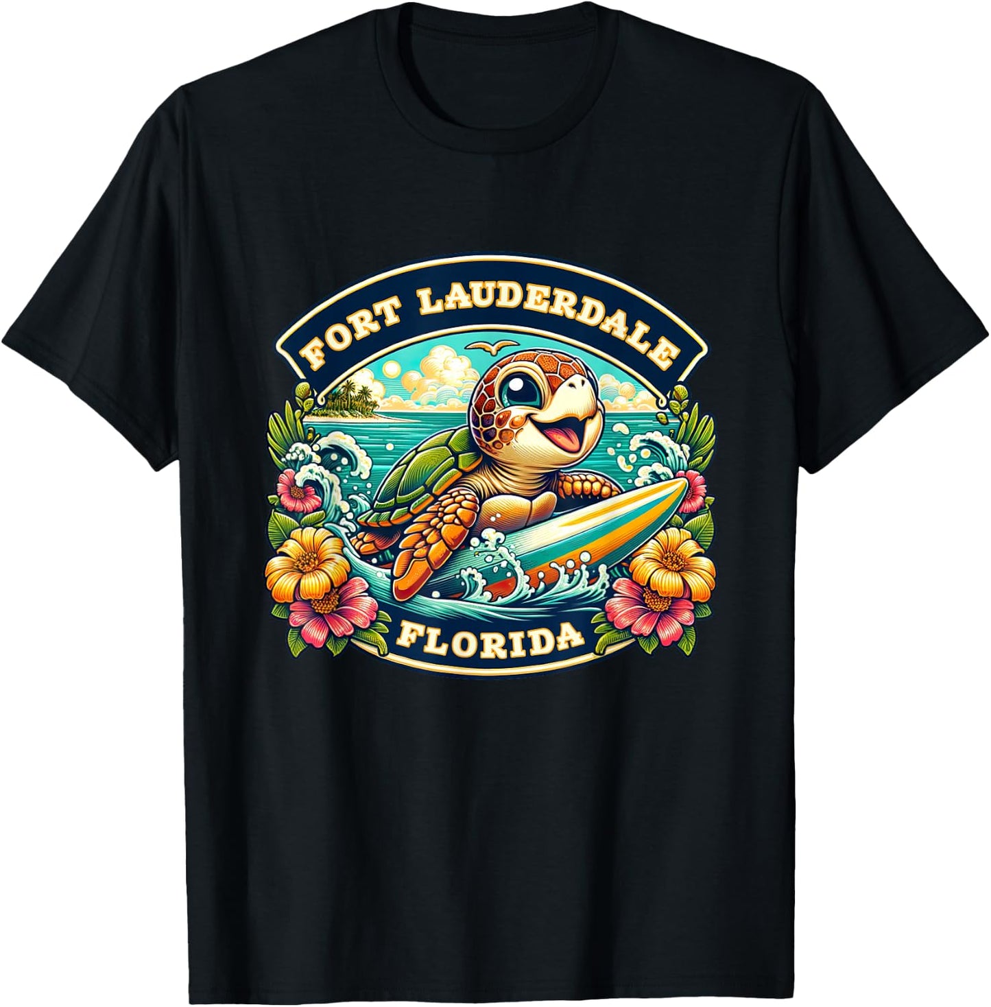 Fort Lauderdale Florida Cute Sea Turtle Surfing T-Shirt - T-Shirt | Black