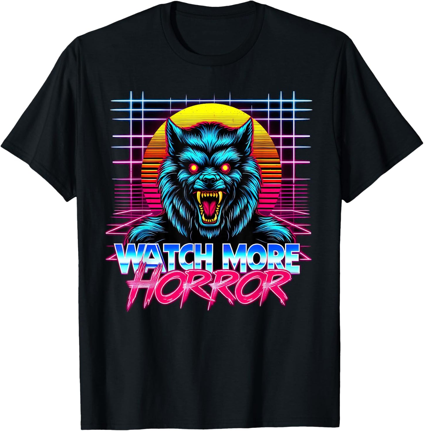 Watch More Horror Retro 80s Synthwave Style Werewolf Graphic T-Shirt - T-Shirt | Black